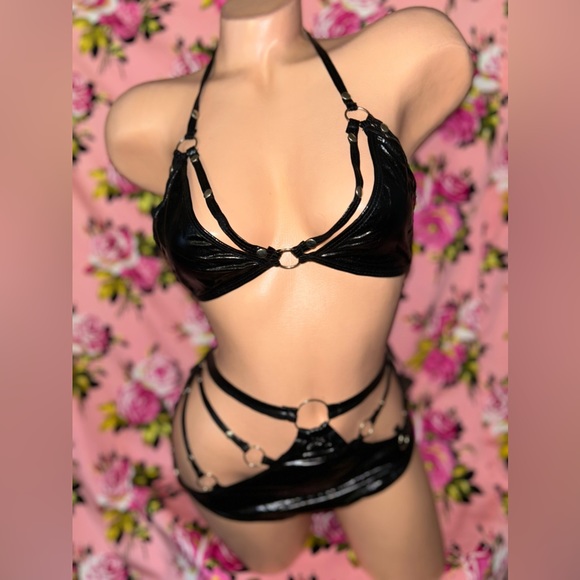 Patent leather high waist strap harness cage bikini bodysuit bondage set xl xxl - Picture 8 of 15